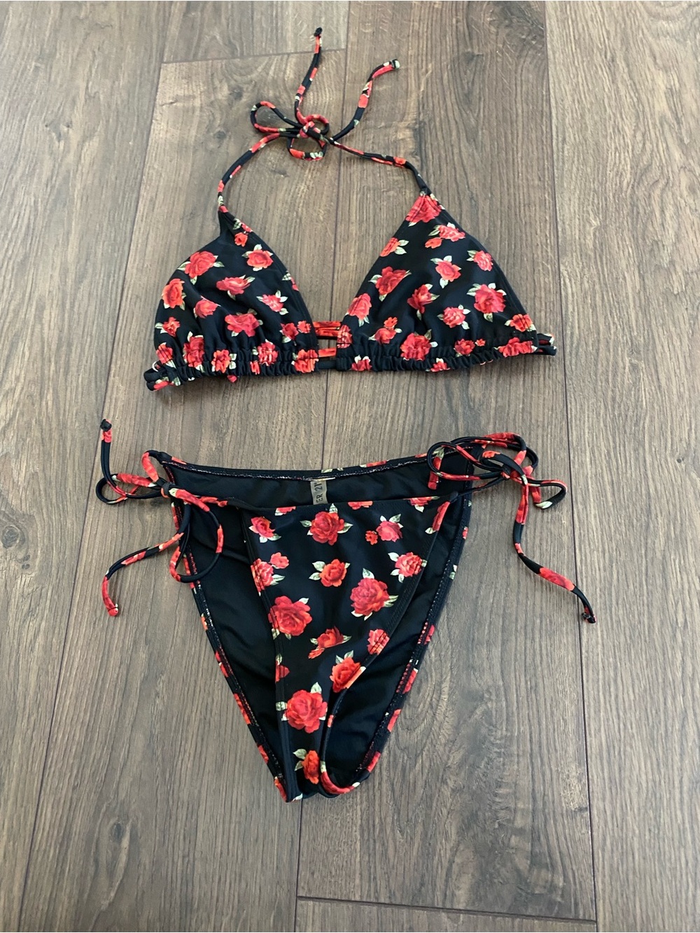 Forever 21 Black Bikini Set with Red Rose Print